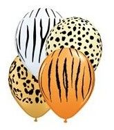 several balloons with animal print and zebra stripes on them, all in different shapes and sizes