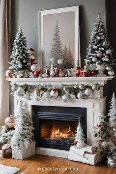 a fireplace decorated with christmas trees and ornaments