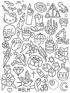 a black and white drawing of many different items