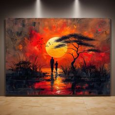 a painting on the wall of a man and woman holding hands under an orange sunset