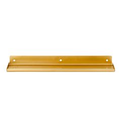 a brass shelf with two holes on the bottom and one hole in the middle, against a white background