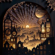 an intricate paper cut artwork depicting a city at night