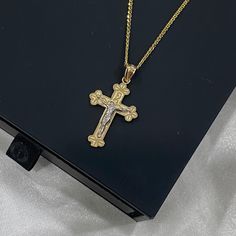 14K Two Tone Gold Crucifix Cross Pendant With 1.2MM Flat Open Wheat Chain Religious Gold cross pendant Religious Baptism Gift idea. ✅ PENDANT SPECIFICATIONS:  * Height: 0.94 in. (24 MM) * Width: 0.63 in. (16 MM) * Average Weight: 1.51 gr. ✅ CHAIN SPECIFICATIONS:  * Clasp: Lobster-Claw  * Width: 1.2 MM ➤ Length: 16 inches   Avg Weight: 1.15 ➤ Length: 18 inches   Avg Weight: 1.26 ➤ Length: 20 inches   Avg Weight: 1.37 ➤ Length: 22 inches   Avg Weight: 1.45 ✅SHIPPING CONTENTS: ➤ 14K Gold Chain & Pe Yellow Gold Crucifix Necklace For Baptism, Gold Crucifix Cross Necklace For Baptism, Cross Jewelry Necklace, Gold Chain With Pendant, Gold Locket, Gold Cross Pendant, Cross Jewelry, Gold Cross, Solid Gold Jewelry