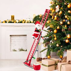 For two generations, Super Climbing Santa from Mr. Christmas has been decorating homes all over the world. An adorable Plush Santa in a fabric outfit climbs up and down a red 43" ladder, never tiring. The included arm and clamp allows you to attach Santa's ladder to any tree or lean him against a wall. Santa is carrying a string of LED lights to help decorate your tree. At the base of the light strand is Santa's toy bag, which plays 15 Christmas carols. Volume control allows you to enjoy with or Musical Christmas Decorations, Mr Christmas, Christmas Tabletop Decor, Christmas Carols, Holiday Music, Animated Christmas, Holiday Store, Indoor Christmas Decorations, Indoor Christmas