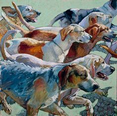 a painting of dogs running in the air