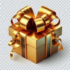 golden gift box with ribbon on transparent background