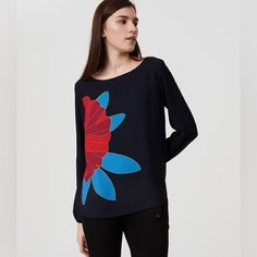 Loft Women's Blue Blouse With A Bright Flower. Size-Sp. With Long Sleeves With Elastic. New Without Tags. Smoke Free Home. Floral Peasant Top, Green Floral Blouse, Black Mock Neck, Spring Blouses, Maternity Blouse, Cuffed Top, Blouse Sleeveless, Black And White Blouse, Butterfly Sleeves