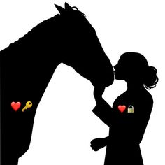 the silhouette of a woman kissing a horse with hearts on its tail and key to her heart