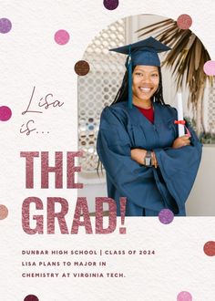 the graduate is posing for a photo in her cap and gown with confetti on it