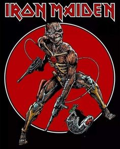 an iron maiden poster is shown in red and black