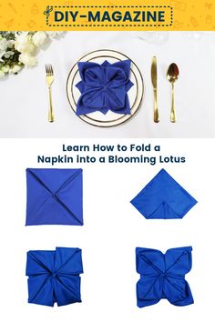 How to fold a napkin into a Blooming Lotus Lotus Napkin Folding Step By Step, Lotus Flower Napkin Fold, Tissue Folding Table Napkins, Lotus Napkin Fold, Wedding Cloth Napkin Ideas, Table Napkin Folding Ideas, Flower Napkin Fold, Folding Napkins Cloth