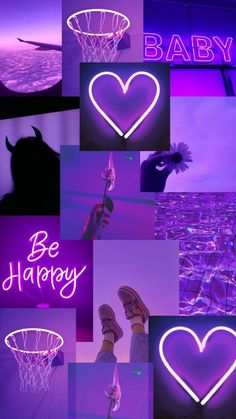 the collage shows different neon signs and images in purple, blue, pink, and black