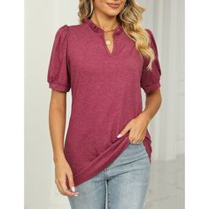 Purplish Red Pleated V Neck Short Sleeve Tees Casual Burgundy Short Sleeve Top, Burgundy Casual Short Sleeve Top, Burgundy Short Sleeve Tops For Spring, Burgundy Short Sleeve Top For Fall, Notch Neck Top, Puff Sleeve Top, Women Tops, Wine Red, Ruffle Trim