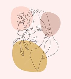 a line drawing of a woman's face with flowers in her hair and an oval background