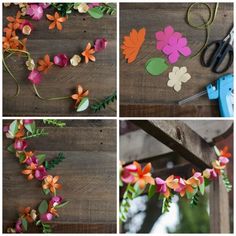 the process of making paper flowers with scissors and glue on wooden planks is shown