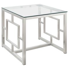 a glass table with metal legs and a white frame around the top, on a white background