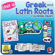 the book cover for the unit 4 greek and latin roots coloring pages, with an image of