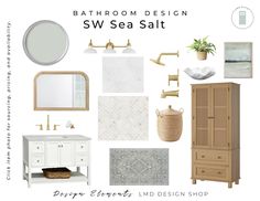 the bathroom design is shown with all white and beige accessories, including sink, mirror, cabinets