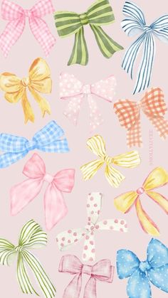 many different colored bows on a pink background