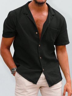 Black Casual Collar Short Sleeve Fabric Plain Shirt Embellished Slight Stretch  Men Clothing Floral Hawaiian Shirt, Man Weave, Mens Linen, Men's Button Down Shirt, Sport T-shirts, Mens Button Up, Beach Shirts, Primavera Estate, Summer Shirts