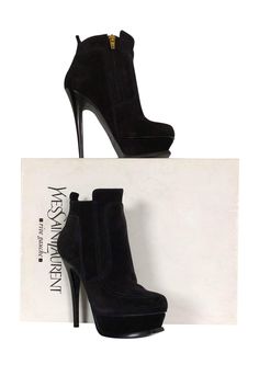 Current Boutique-Yves Saint Laurent - Black Suede Platform Booties Sz 5 Ysl Suede, Statement Shoes, Statement Shoe, Buy Shoes Online, Short Boots, Top Stitching, Black Suede, Black Boots, Yves Saint Laurent