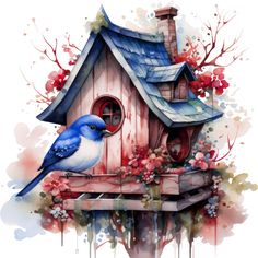 a blue bird sitting on top of a wooden house next to flowers and watercolor paint