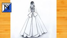 a drawing of a woman in a long white dress with a bow on her back