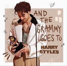 a painting of a man holding an award in front of a microphone with the words harry styles on it