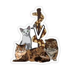 three cats and a snake sticker on a white background with the letter v in it's center