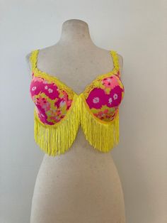 Pink and yellow underwire bra with bright yellow fringe. Size 38DD. Fringe Bra, Womens Lingerie, Pink And Yellow, Underwire Bra, Bright Yellow, Festival Bra, Beautiful Things, Diy Clothes, Women Lingerie