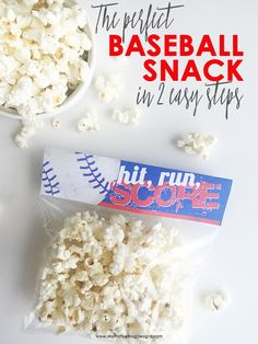 the perfect baseball snack in 2 easy steps is made with popcorn, and it's ready to be eaten