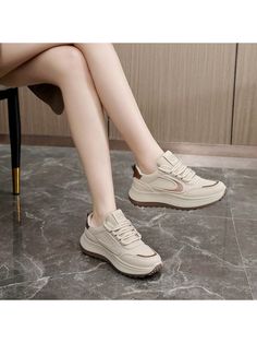 Spring/Summer Breathable Leather Casual Platform Shoes With Elevator Sole For Women, Stylish Sports Footwear Khaki    PU Leather     Sports & Outdoor Shoes, size features are:Bust: ,Length: ,Sleeve Length: Casual Platform Shoes, Casual Athletic Shoes, Casual Athletic, Womens Athletic Shoes, Sports Footwear, Outdoor Shoes, Outdoor Woman, Platform Shoes, Stylish Women