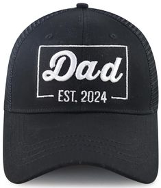 the dad est 2094 hat is black with white embroidered on the front and back