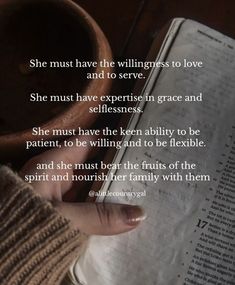 a woman reading a book with the words she must have the witnesses to love and to serve