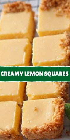 four squares of creamy lemon squares sitting on a cooling rack with a mint leaf