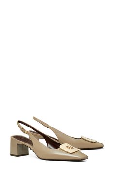 A stacked T-logo lends signature style to the plaque that tops this slingback leather pump framed by a square toe and sculpted block heel. 2 1/4" heel (size 6) Adjustable slingback strap with buckle closure Leather upper, lining and sole Imported Business Casual Shoes Women, Tory Burch Heels, Business Casual Shoes, Slingback Pump, Casual Shoes Women, Leather Pumps, Women's Pumps, Signature Style, Business Casual