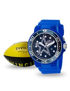 This eye-catching Invicta watch from the NFL collection is powered by an accurate Quartz movement, blue, steel, silver case. Its face is decorated by a blue, metal dial, and protected by a sturdy Mineral Crystal. A blue, transparent, silicone band completes this timepiece that can resist water for up to 100 m. From the initial league founding in 1920 to the first Super Bowl in 1967, American football has been captivating fans for decades. Taking inspiration from football’s spirited heritage, Inv Blue Stainless Steel Watch With Tachymeter, Dallas Cowboys Snapback, Stellaris Invicta, Invicta Pro Diver, Mens Invicta Watches, Cowboys Men, Premium Watches, Nfl Teams Logos, Nfl Dallas Cowboys