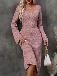 Marled Knit Scoop Neck Sweater Dress Brown Casual  Long Sleeve Knitwear Plain  Slight Stretch Fall/Winter Women Clothing, size features are:Bust: ,Length: ,Sleeve Length: Flare Sleeve Sweater, Knitted Dresses, Sweater Dresses, Cardigan Sweater Dress, Sweater Dress Women, Women Sweater, Knit Sweater Dress, Affordable Clothes, Sweater Sleeves