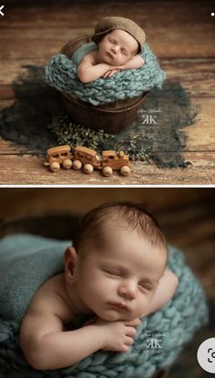 a baby is sleeping in a basket with nuts on the ground and another photo has been taken