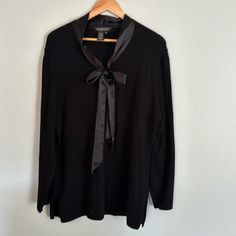 Size Xl, Never Worn J Peterman Vintage Wool Sweater. Satin Tie At The Neck And Collar. Black Long Sleeve Sweater For Formal Occasions, Black Long Sleeve Formal Sweater, Formal Black Long Sleeve Sweater, Classic Black Blouse For Layering, Black Formal Tops For Fall, Formal Black Tops For Fall, Sweaters Vintage, J Peterman, Tie Neck