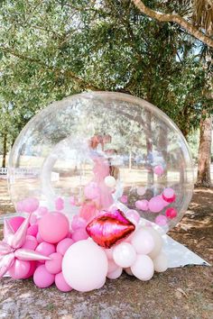 a giant bubble filled with pink and white balloons sitting on top of a tree covered ground