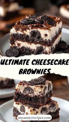 two pieces of chocolate cheesecake brownies stacked on top of each other with oreo cookies