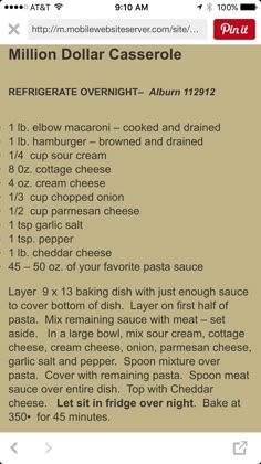 an iphone screen showing the recipe for million dollar casserole