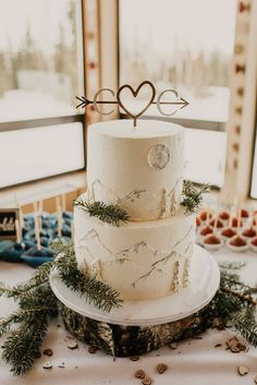 a three tiered cake with pine branches on the side and a heart topper