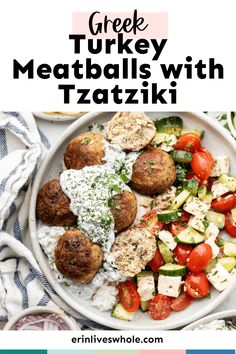 greek turkey meatballs with tzatzki on a plate