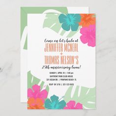 the tropical bridal shower is shown in pink, blue and green flowers on a white background