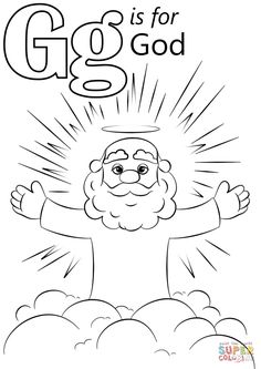 a coloring page with the words go is for god and an image of a man in clouds