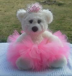 a white teddy bear wearing a pink tutu