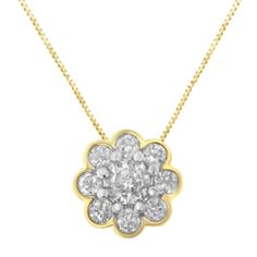 Add some sparkle to your life with this sweet diamond cluster pendant necklace in the shape of an elegant flower. Crafted in 2 micron 10 karat yellow gold plated sterling silver, it has a total diamond weight of 1/4 carats. Cluster Pendant, Diamond Flower, Sterling Silver Necklace Pendants, Diamond Pendant Necklace, Diamond Cluster, Silver Pendant Necklace, Gold Gold, Silver Diamonds, Gold Plated Sterling Silver