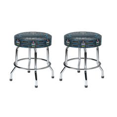 two stools with wheels on each side and a blue patterned seat cover over them